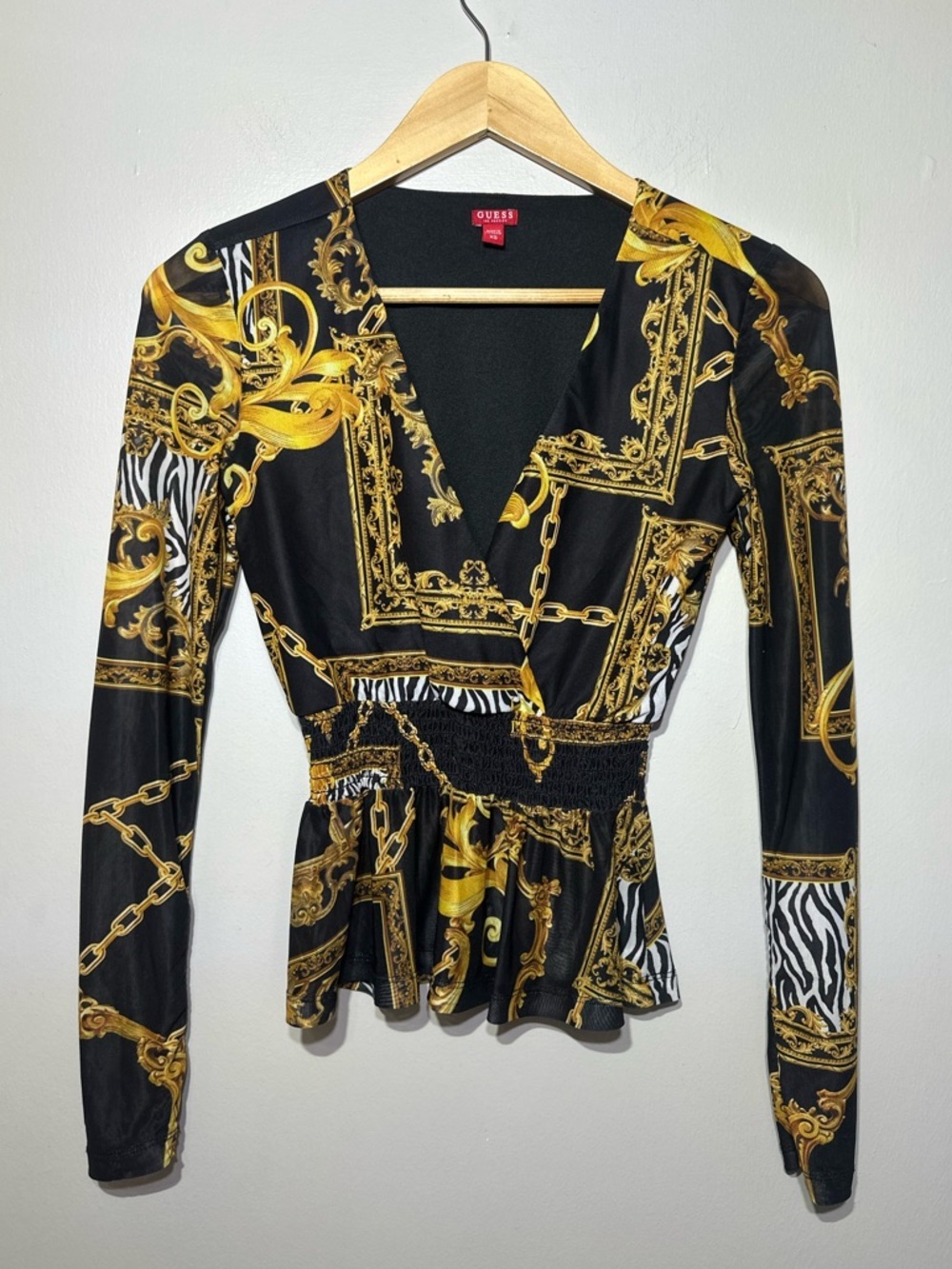 Guess Black,Gold Chain Print Wrap Blouse with Zebra Accent Y2K inspired size XS